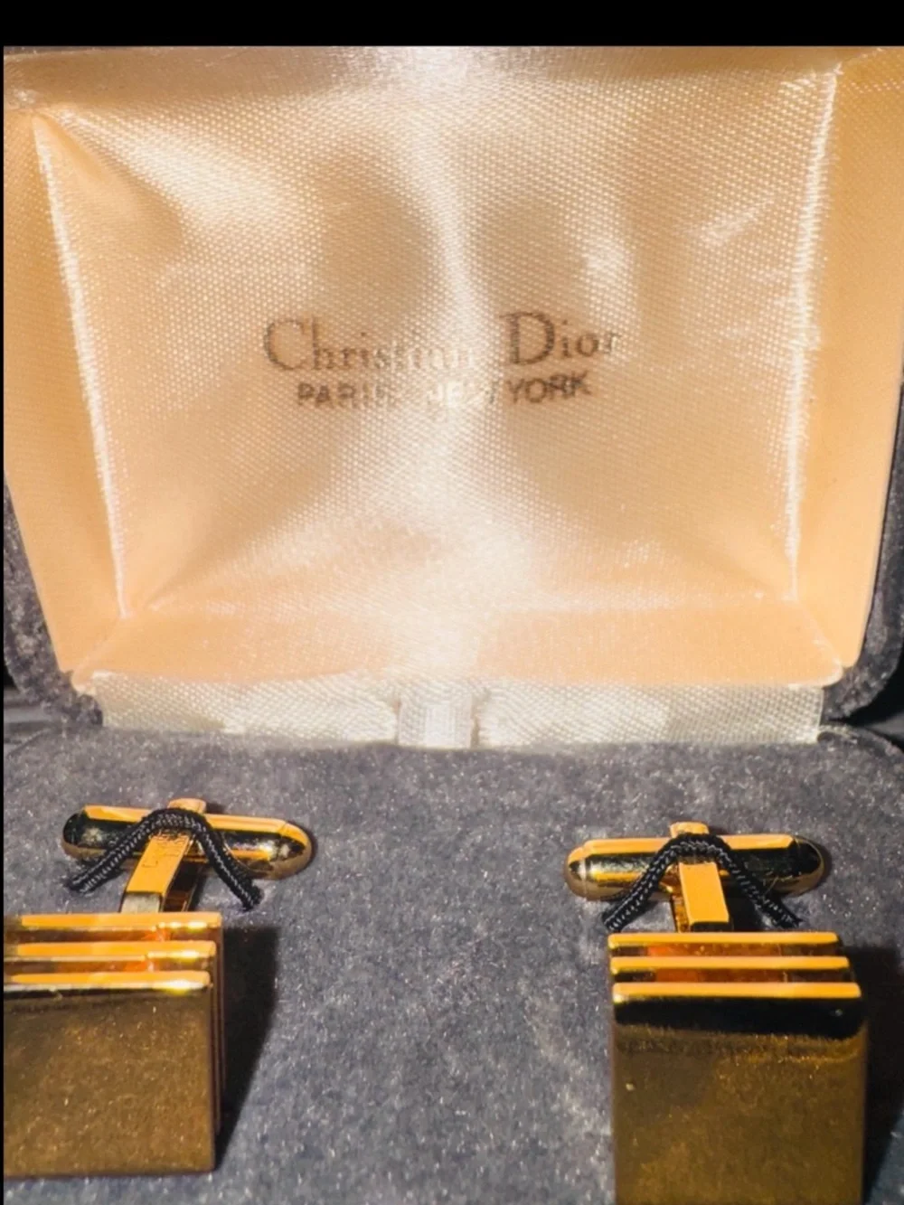Vintage Christian Dior Gold Tone 3 Tiered Square Cufflinks w Original Box